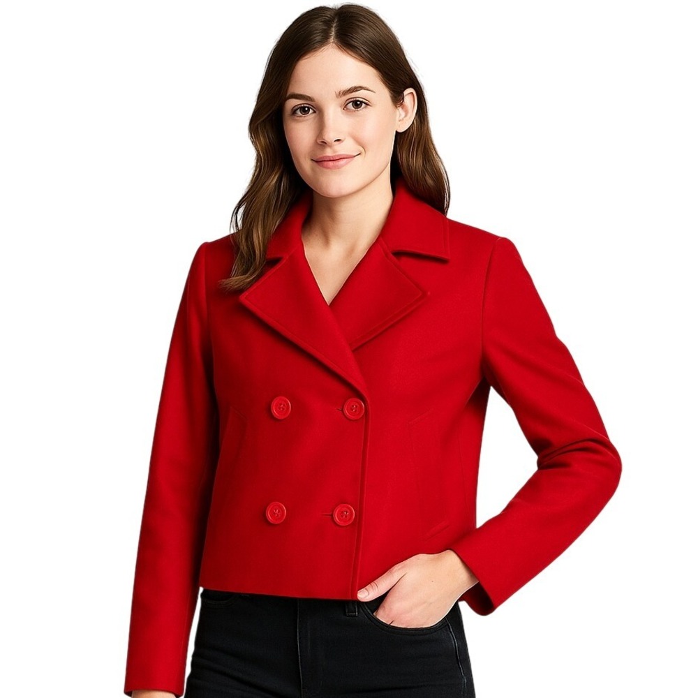 Ellen Tracy Peacoat Small Cherry Red Waist Length Double Breasted Classic Preppy